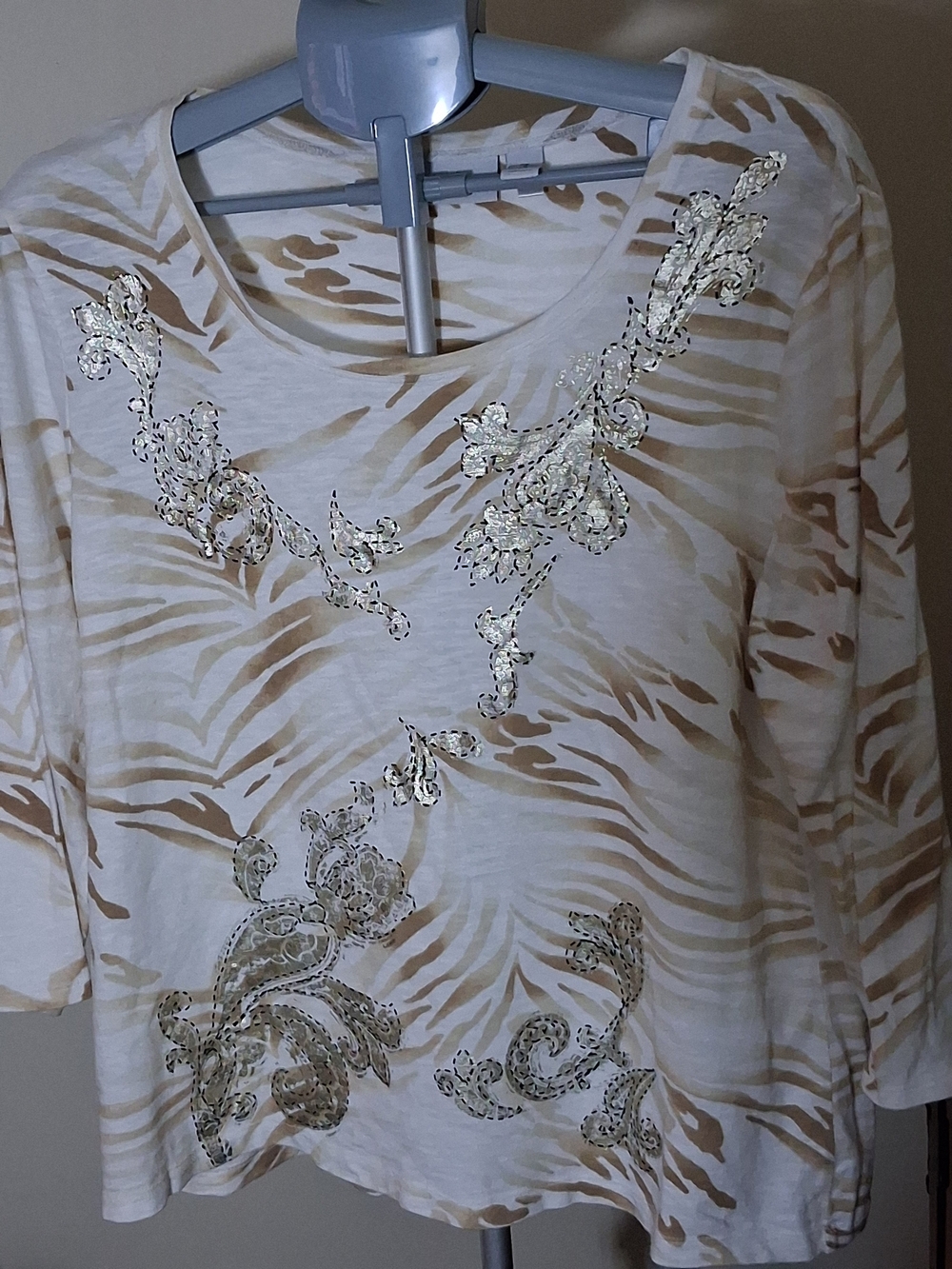 Beige White Embossed Long Sleeve Top